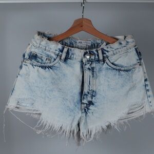 Zara Distressed Light Blue Denim Shorts
